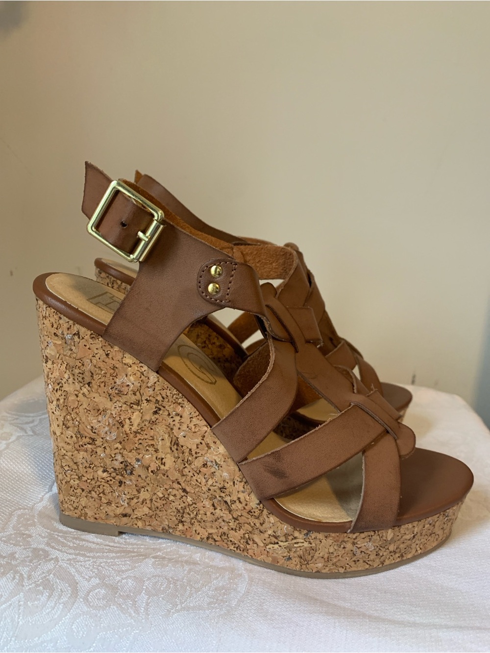 Women’s Tan Cork Wedge Sandals with Crisscross Straps